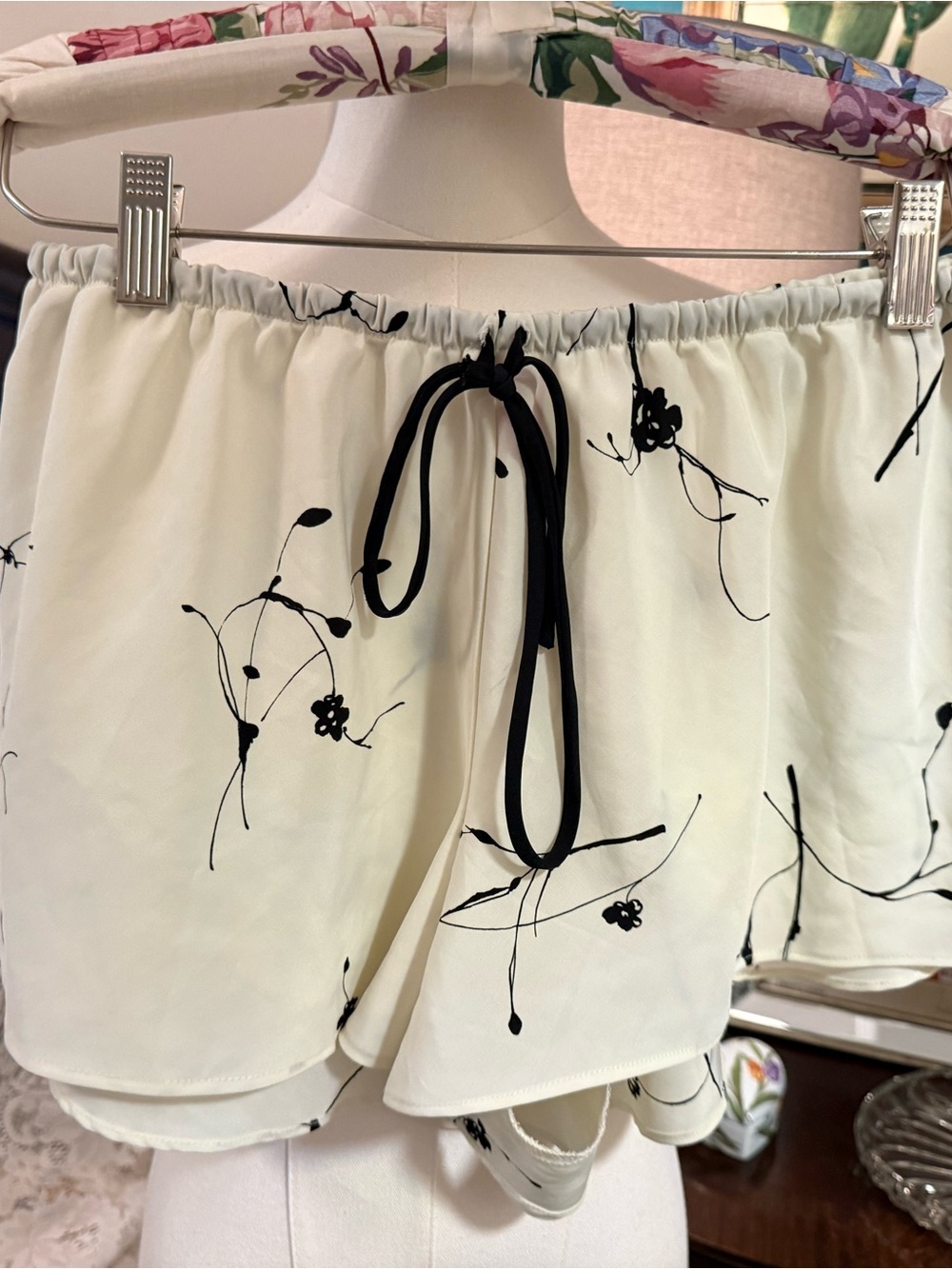 Cream Floral-Print Sleep Shorts with Black Drawstring